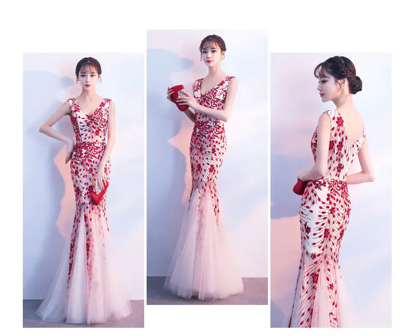 FashionedStar Elegant Red Embroidered Mermaid Evening Gown – Sleeveless Tulle Formal Dress