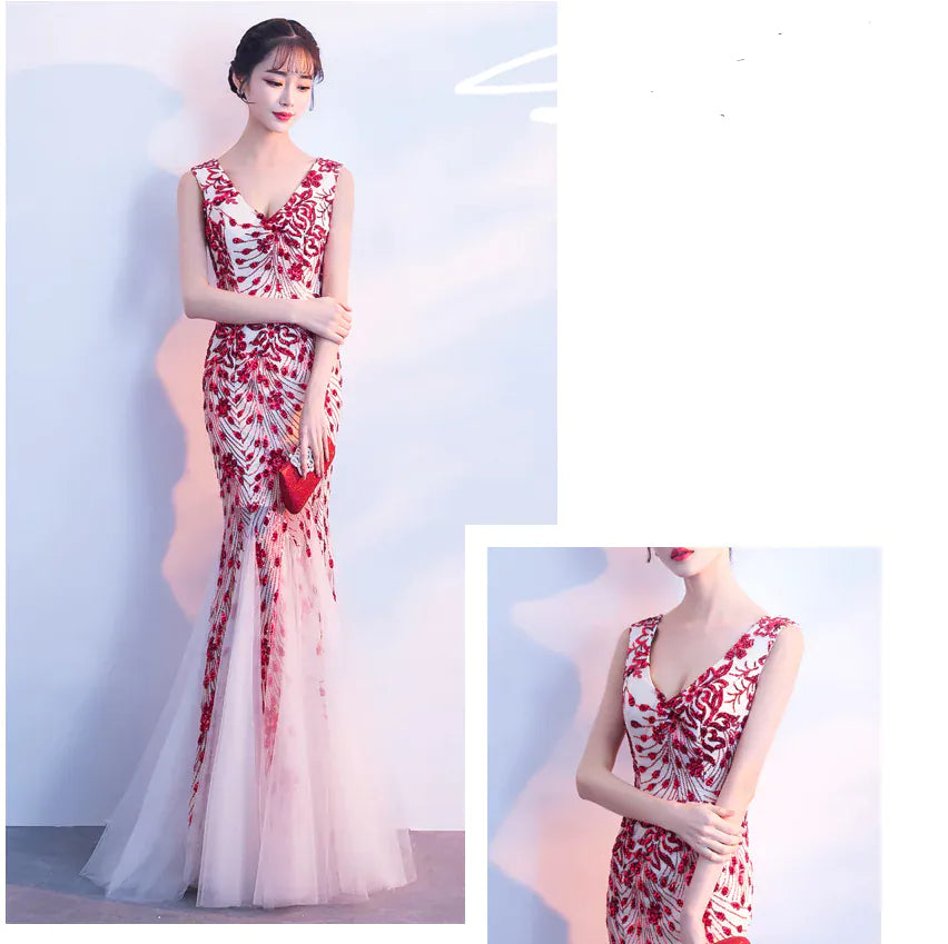 FashionedStar Elegant Red Embroidered Mermaid Evening Gown – Sleeveless Tulle Formal Dress