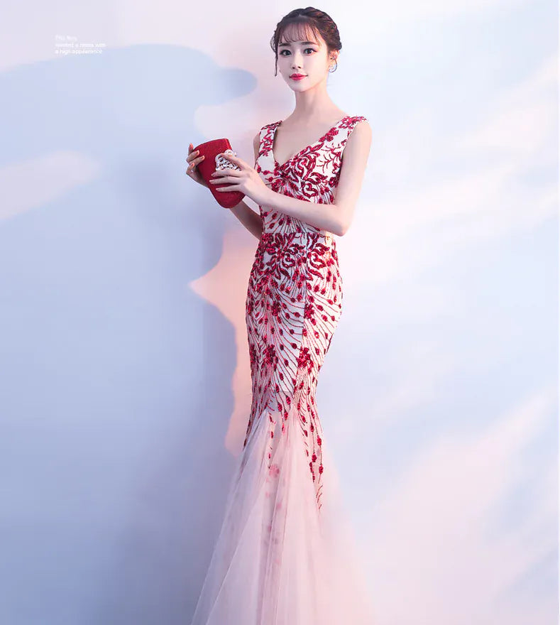 FashionedStar Elegant Red Embroidered Mermaid Evening Gown – Sleeveless Tulle Formal Dress