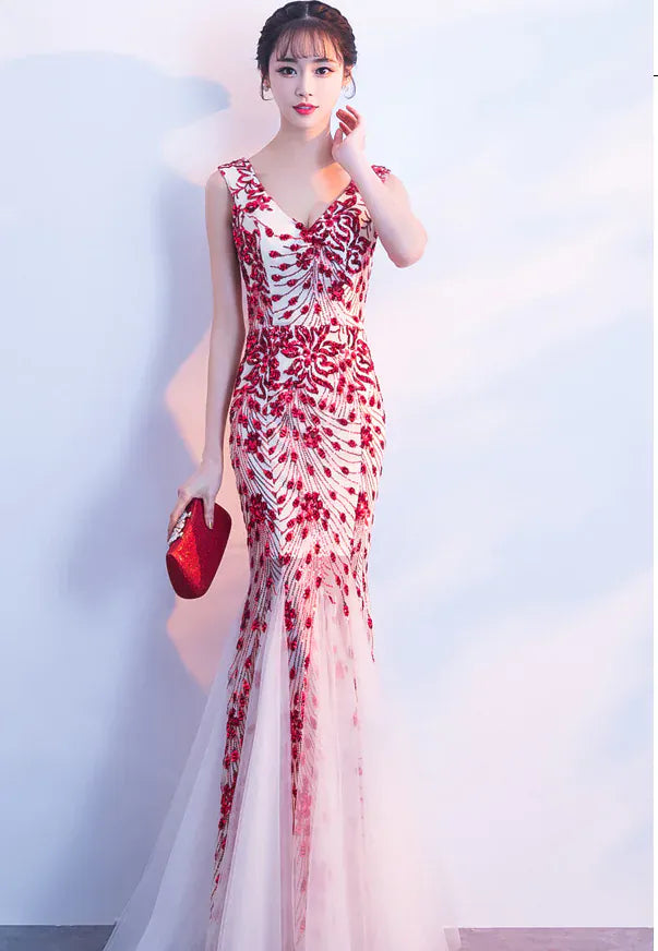 FashionedStar Elegant Red Embroidered Mermaid Evening Gown – Sleeveless Tulle Formal Dress