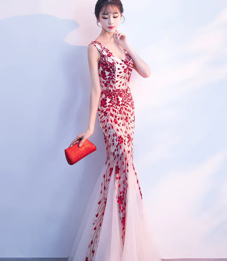 FashionedStar Elegant Red Embroidered Mermaid Evening Gown – Sleeveless Tulle Formal Dress
