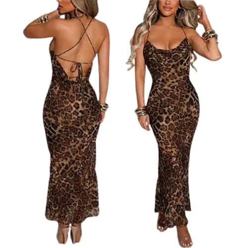 FashionedStar Leopard Print Maxi Dress – V-Neck, Spaghetti Strap, Y2K Style