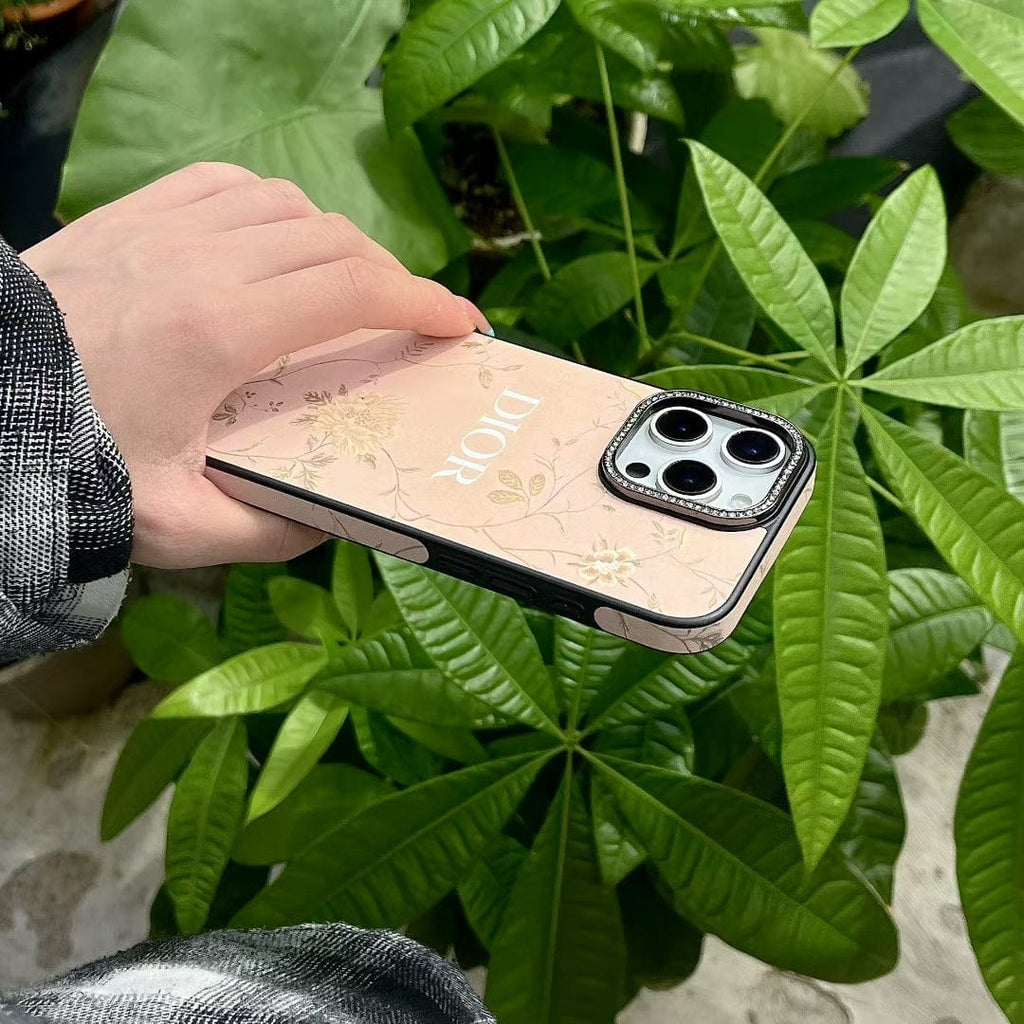 Tony Dior Floral Embossed Leather iPhone Case with Rhinestone Camera Frame