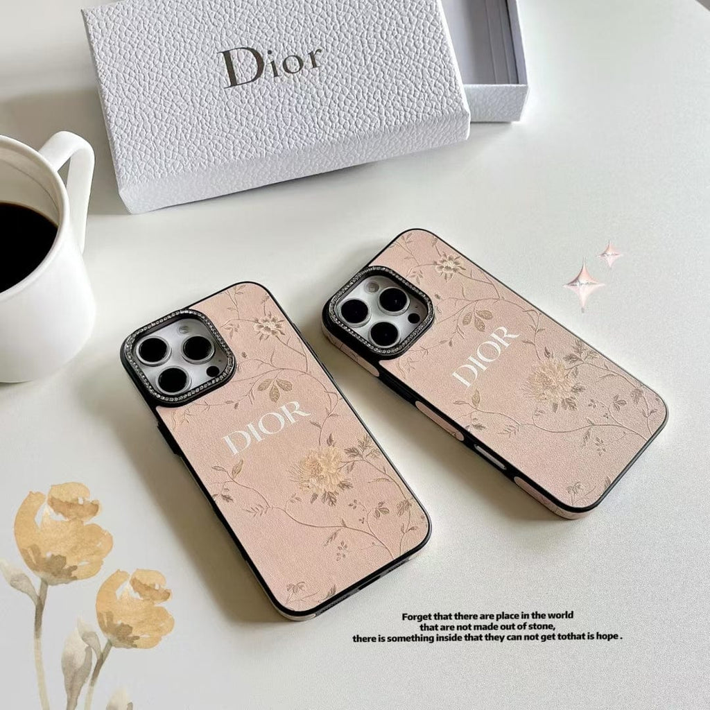 Tony Dior Floral Embossed Leather iPhone Case with Rhinestone Camera Frame