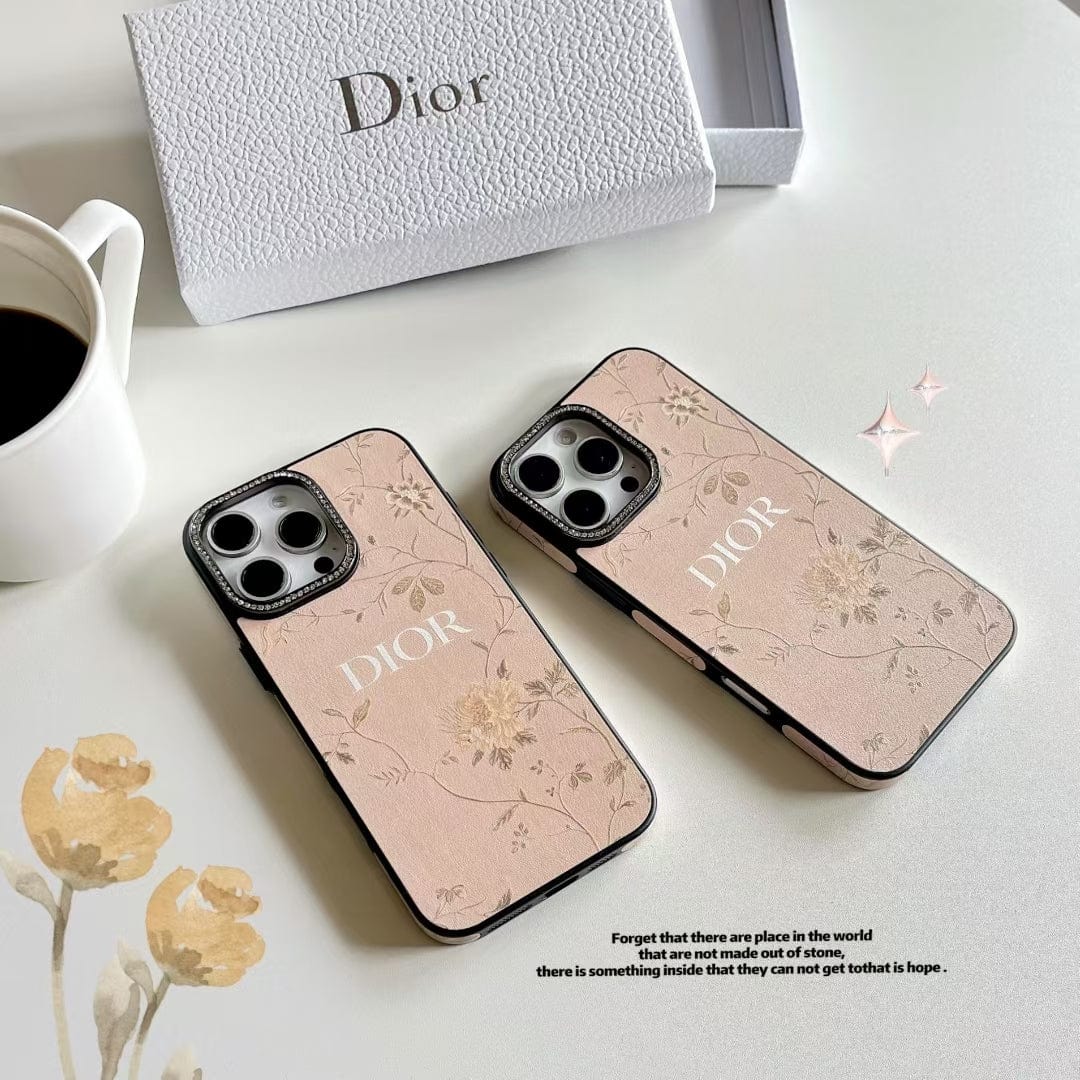 Tony Dior Floral Embossed Leather iPhone Case with Rhinestone Camera Frame