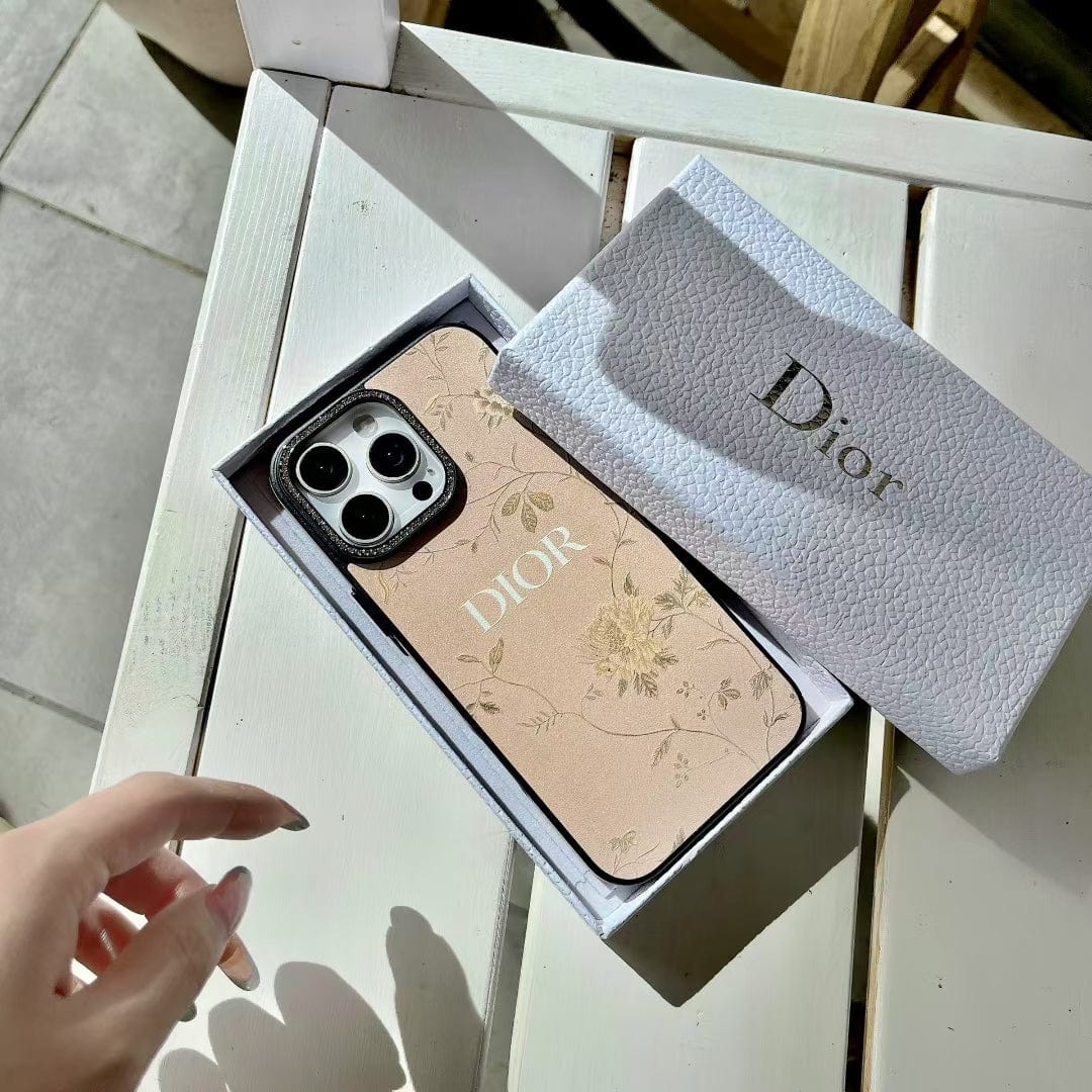 Tony Dior Floral Embossed Leather iPhone Case with Rhinestone Camera Frame