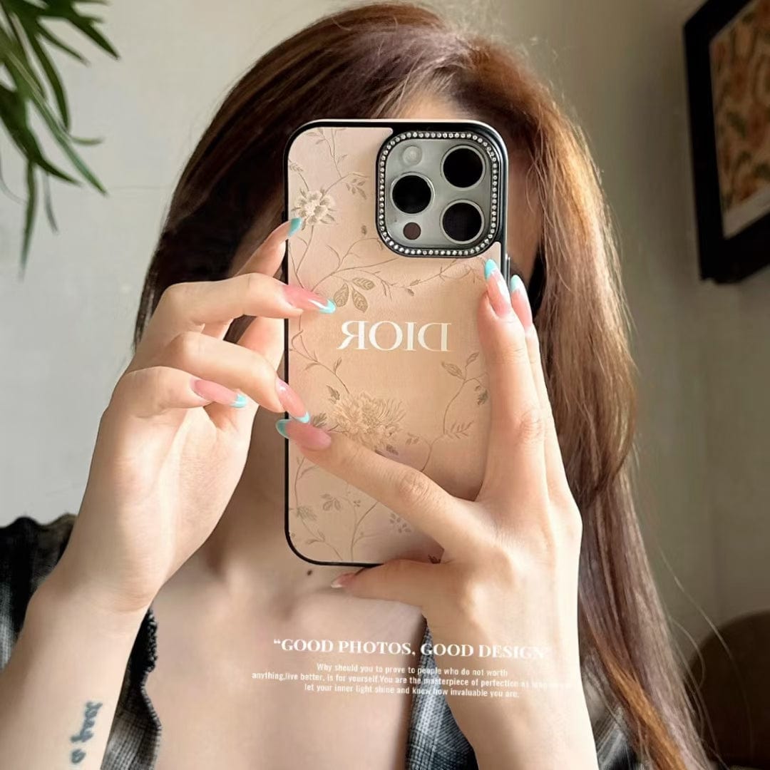 Tony Dior Floral Embossed Leather iPhone Case with Rhinestone Camera Frame