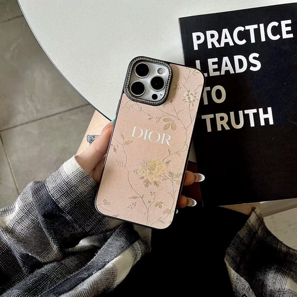 Tony Dior Floral Embossed Leather iPhone Case with Rhinestone Camera Frame