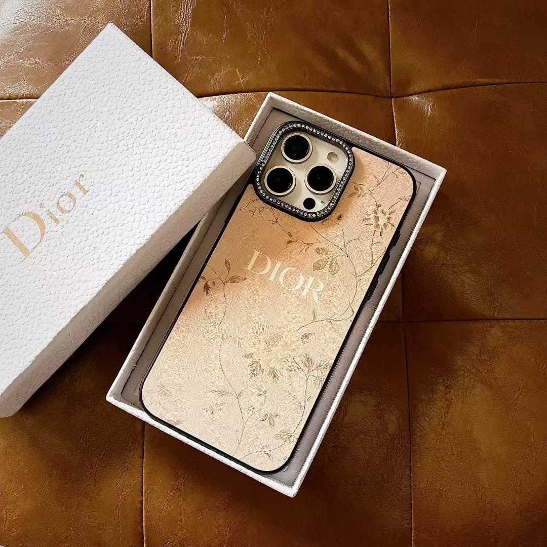 Tony Dior Floral Embossed Leather iPhone Case with Rhinestone Camera Frame