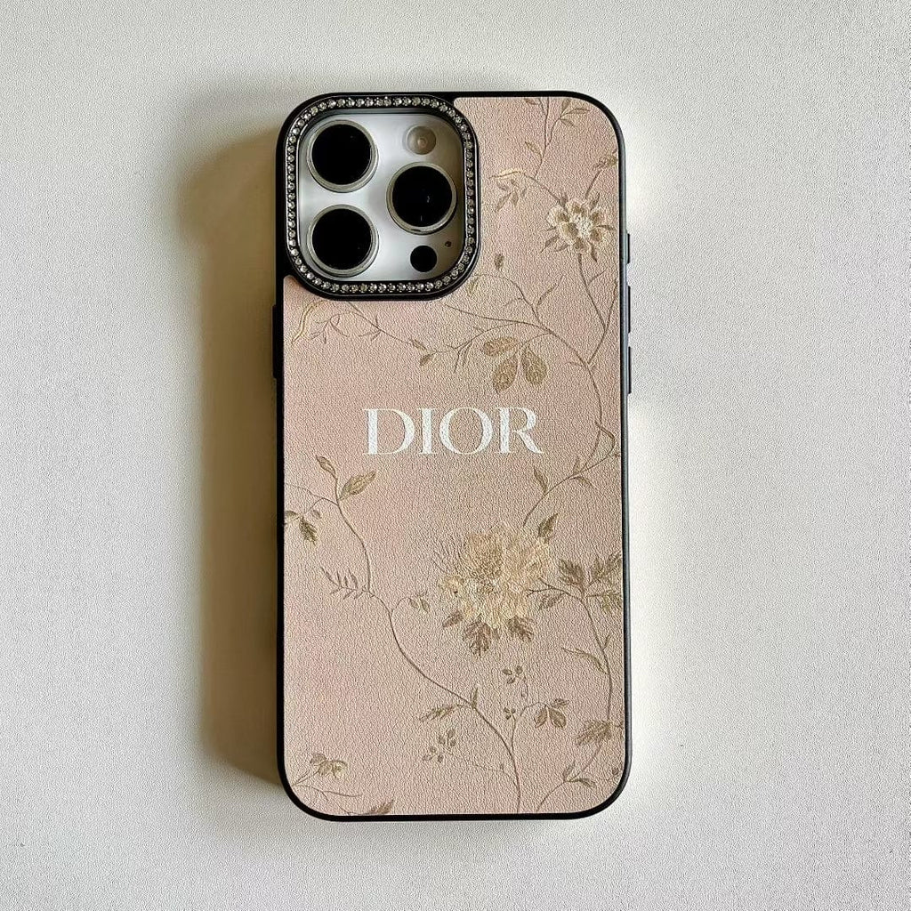 Tony Dior Floral Embossed Leather iPhone Case with Rhinestone Camera Frame