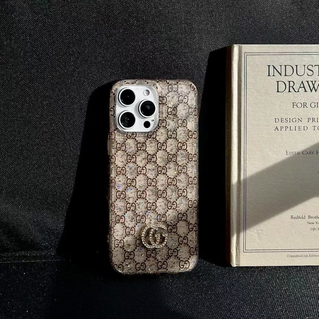Tony Gucci Monogram Glitter iPhone Case with Rhinestone GG Logo