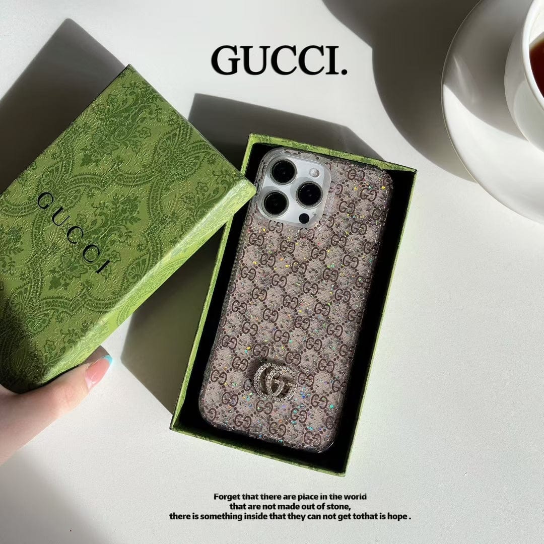 Tony Gucci Monogram Glitter iPhone Case with Rhinestone GG Logo