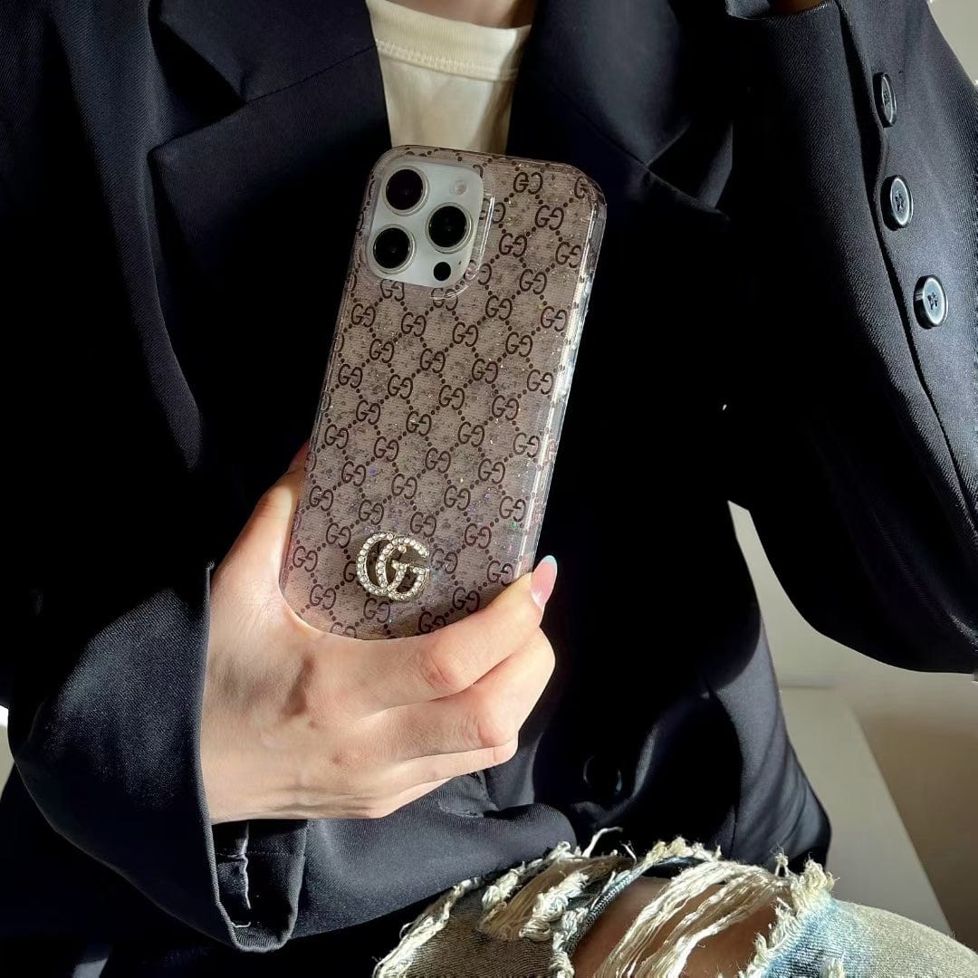 Tony Gucci Monogram Glitter iPhone Case with Rhinestone GG Logo
