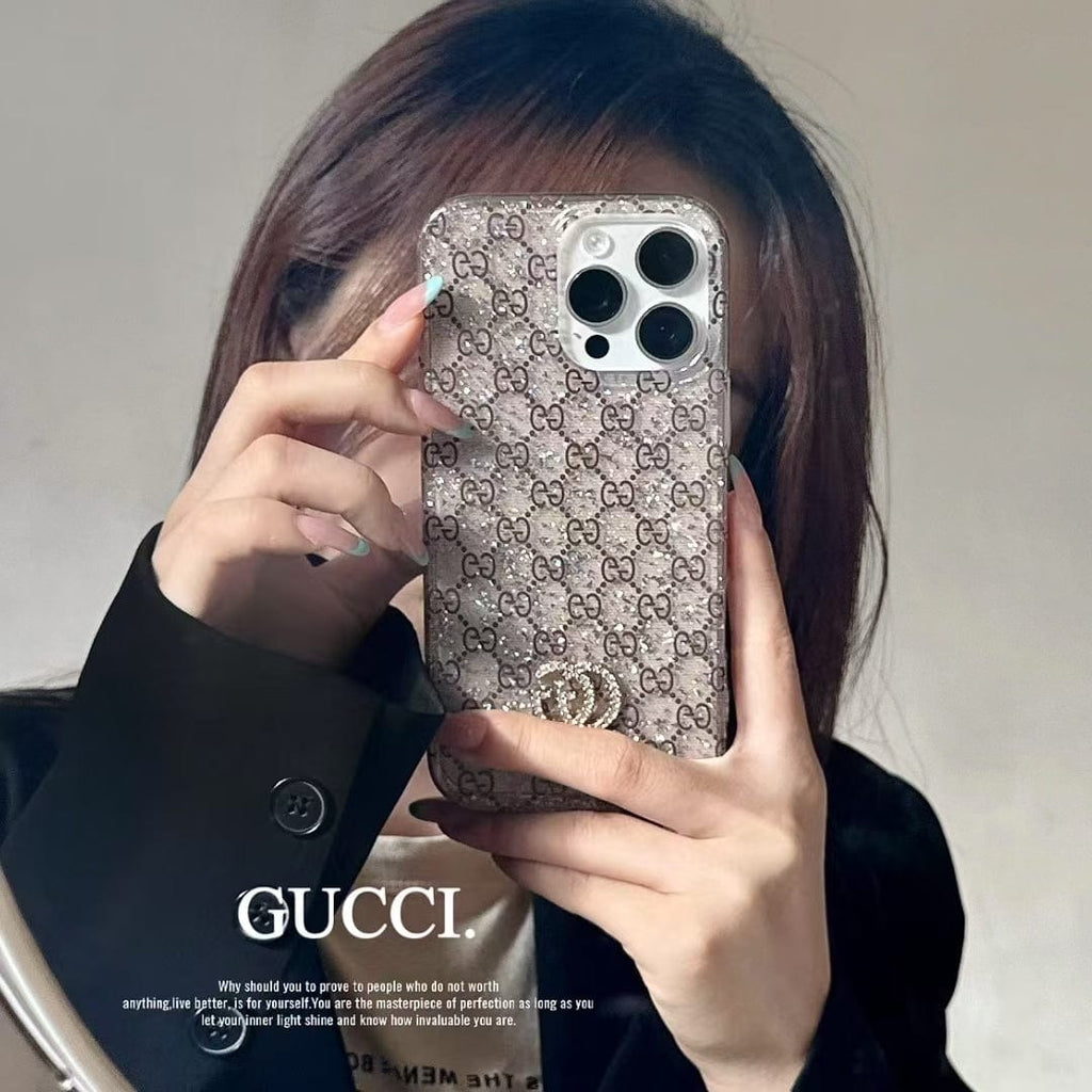 Tony Gucci Monogram Glitter iPhone Case with Rhinestone GG Logo