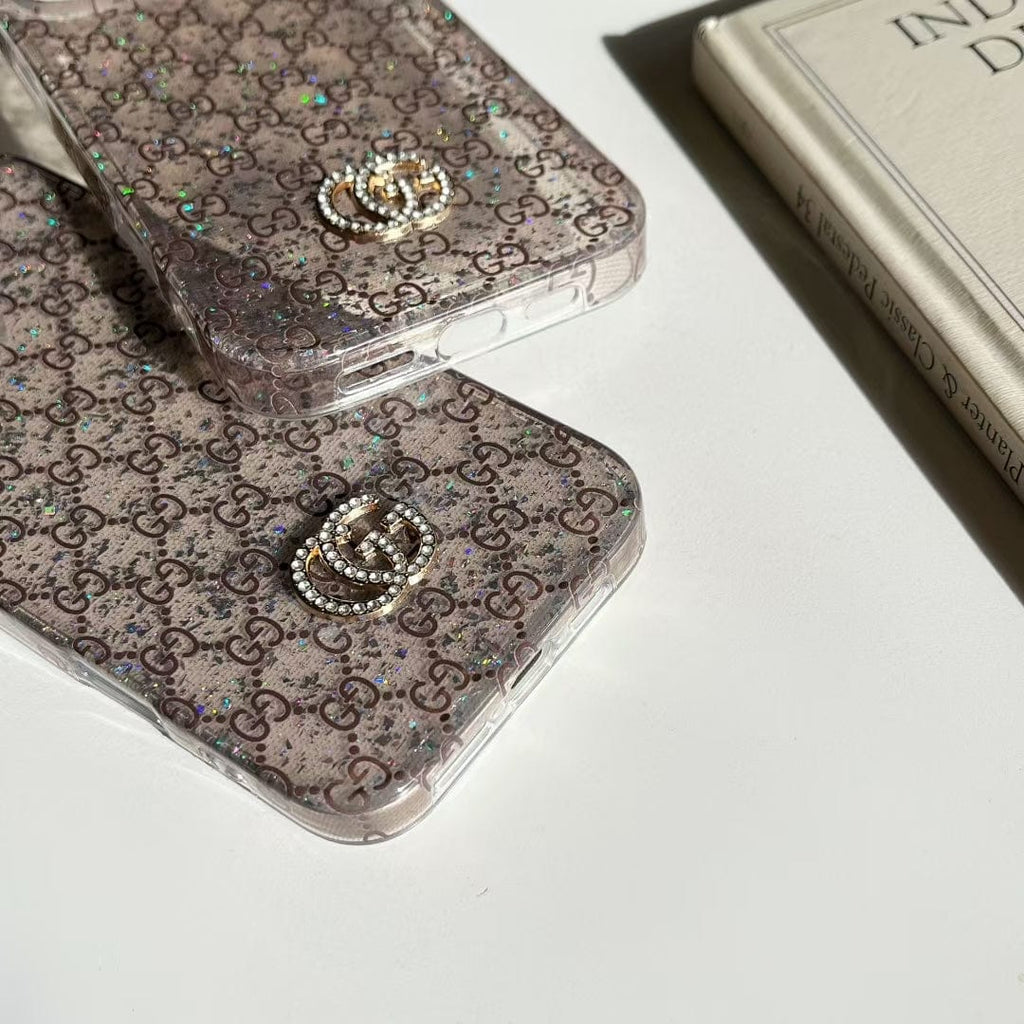 Tony Gucci Monogram Glitter iPhone Case with Rhinestone GG Logo