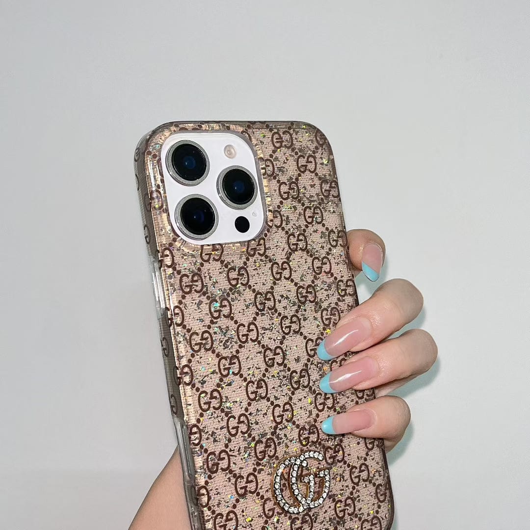 Tony Gucci Monogram Glitter iPhone Case with Rhinestone GG Logo