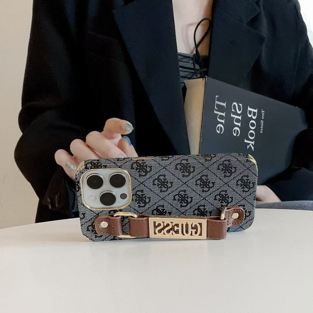 Tony GUESS Monogram Canvas Strap iPhone Case with Gold Logo Plate