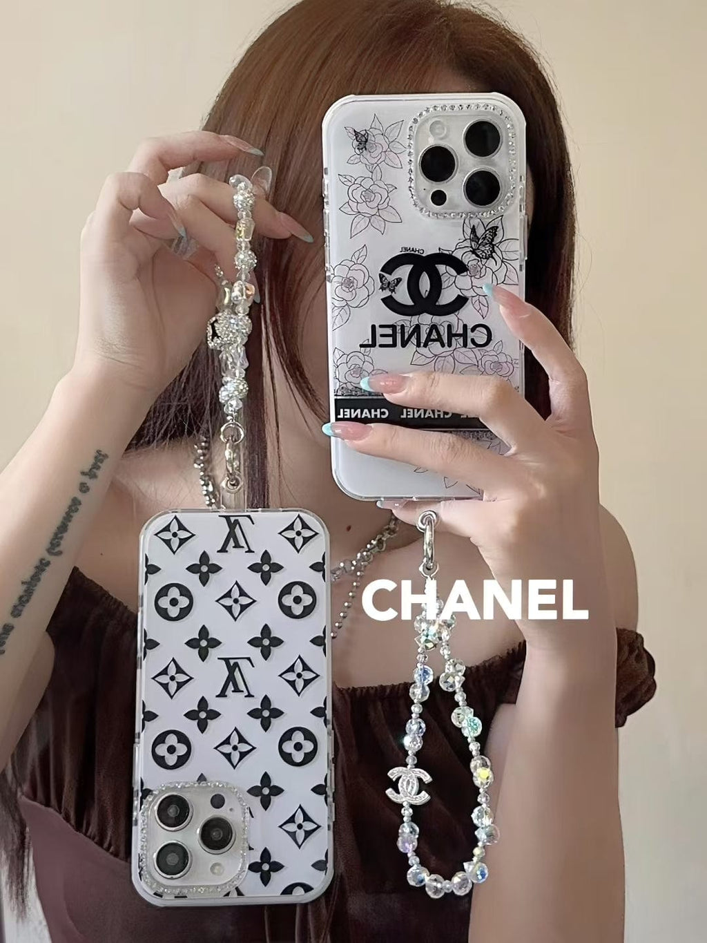 Tony Luxury Monochrome iPhone Case Set – Louis Vuitton & Chanel Inspired with Beaded Strap