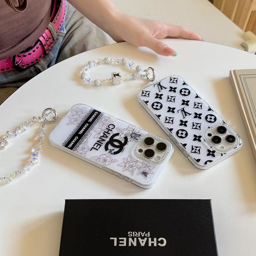Tony Luxury Monochrome iPhone Case Set – Louis Vuitton & Chanel Inspired with Beaded Strap