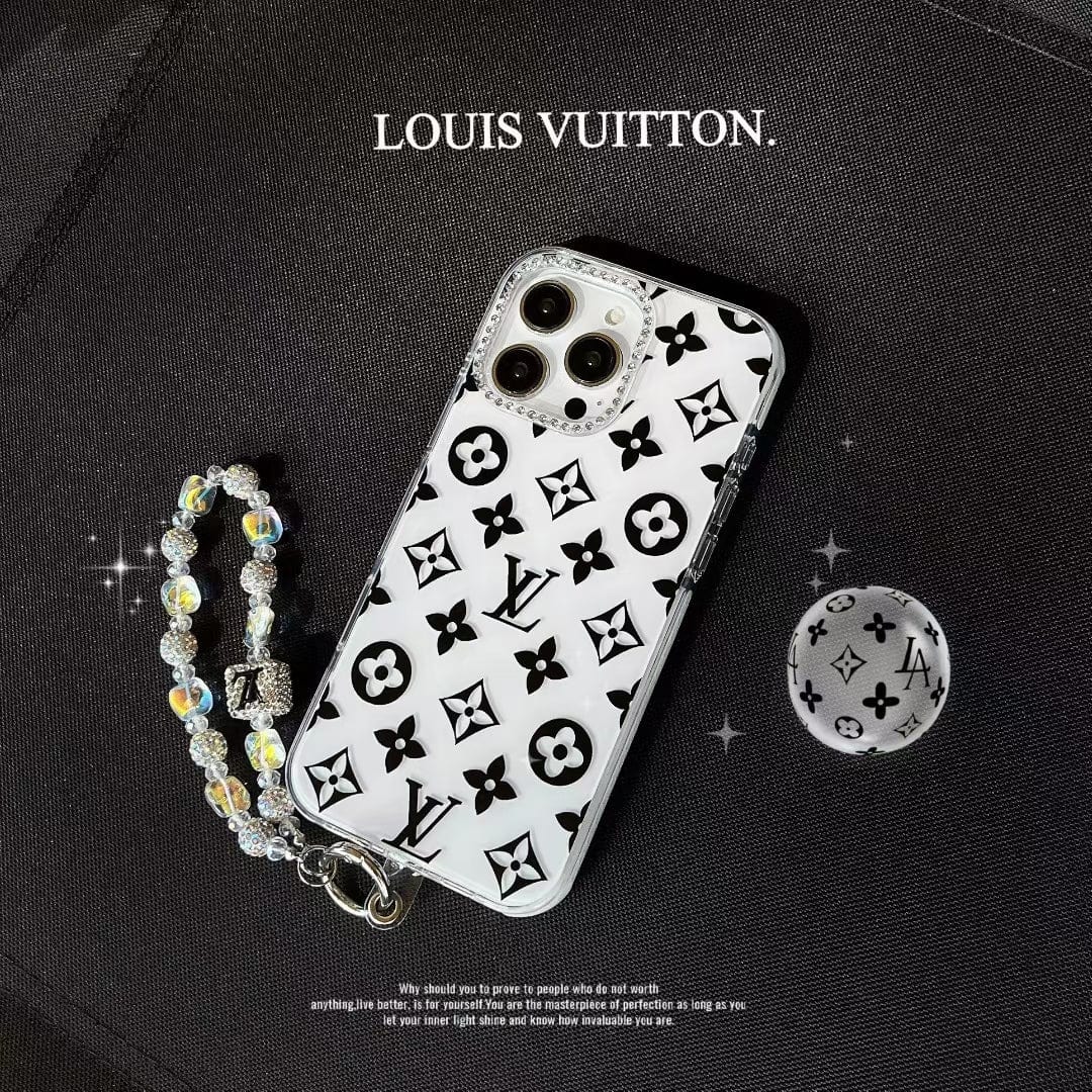 Tony Luxury Monochrome iPhone Case Set – Louis Vuitton & Chanel Inspired with Beaded Strap
