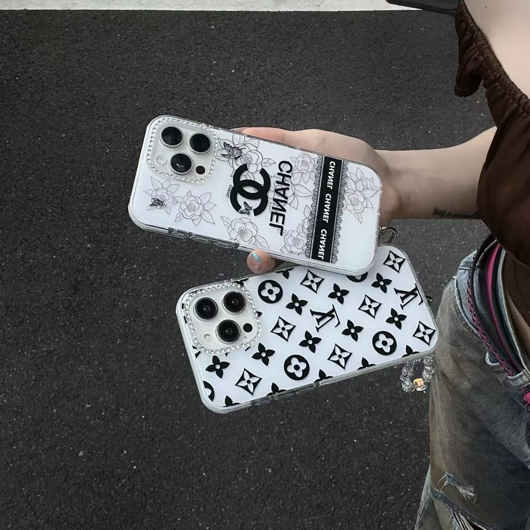 Tony Luxury Monochrome iPhone Case Set – Louis Vuitton & Chanel Inspired with Beaded Strap