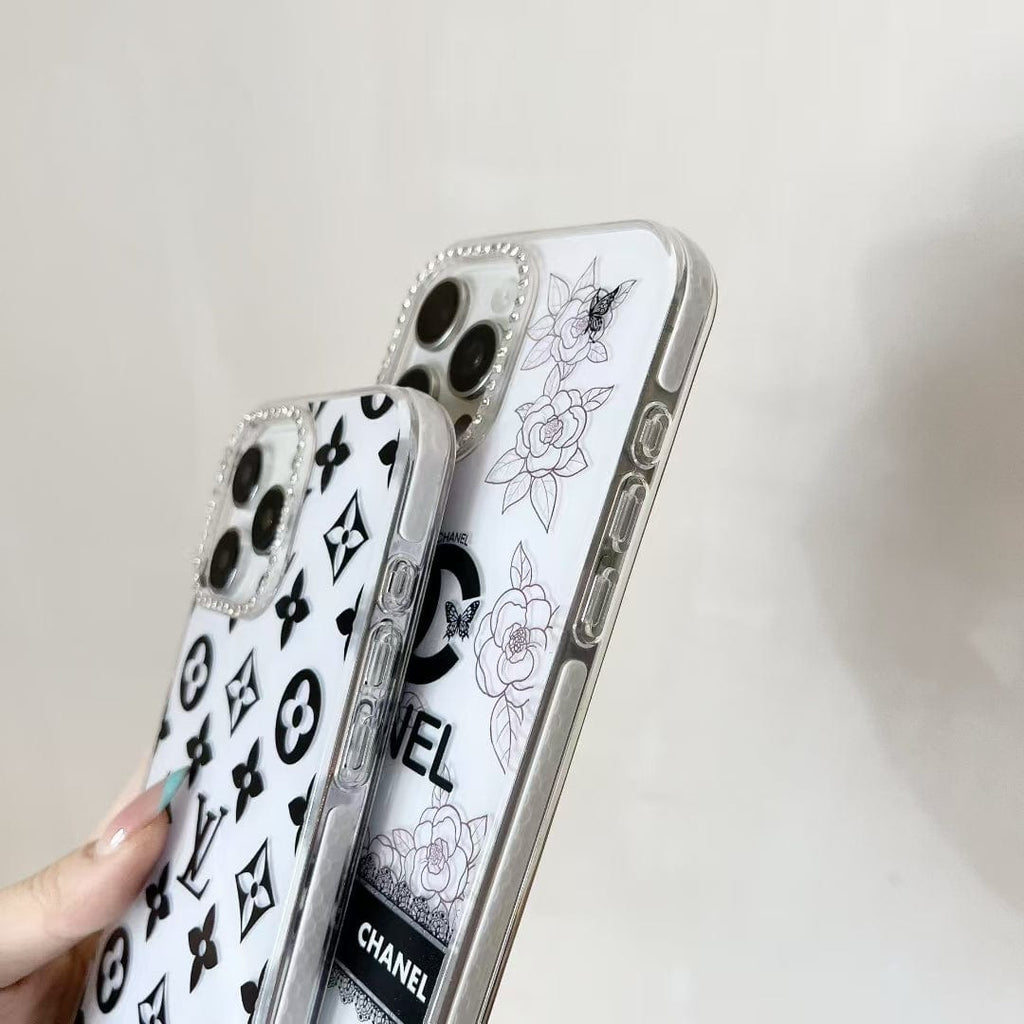 Tony Luxury Monochrome iPhone Case Set – Louis Vuitton & Chanel Inspired with Beaded Strap
