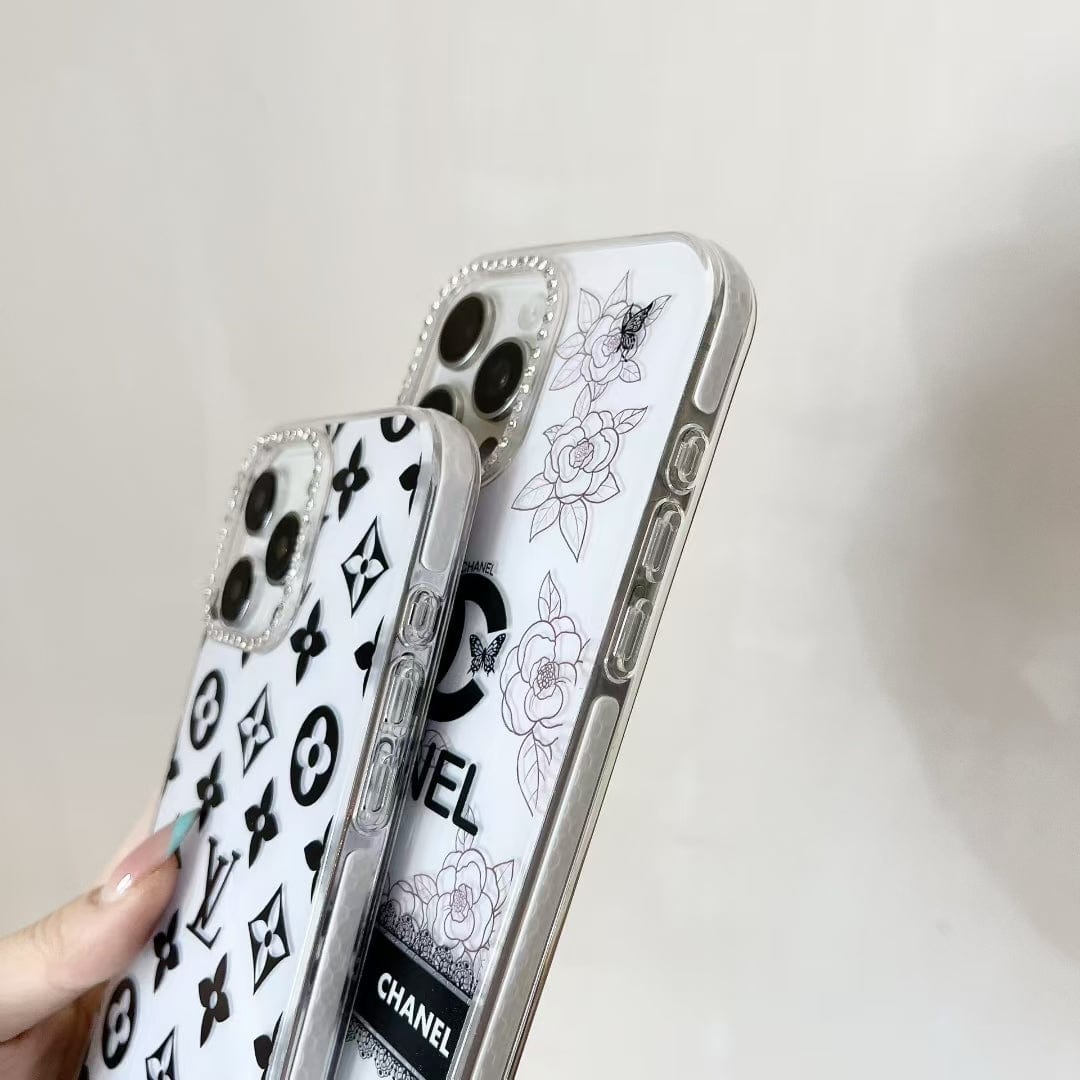 Tony Luxury Monochrome iPhone Case Set – Louis Vuitton & Chanel Inspired with Beaded Strap