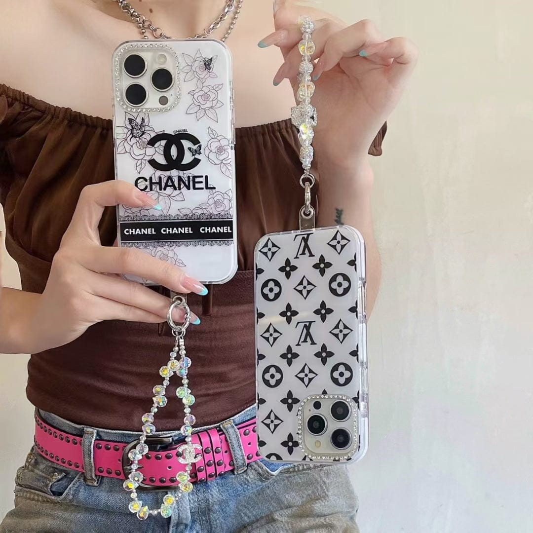 Tony Luxury Monochrome iPhone Case Set – Louis Vuitton & Chanel Inspired with Beaded Strap