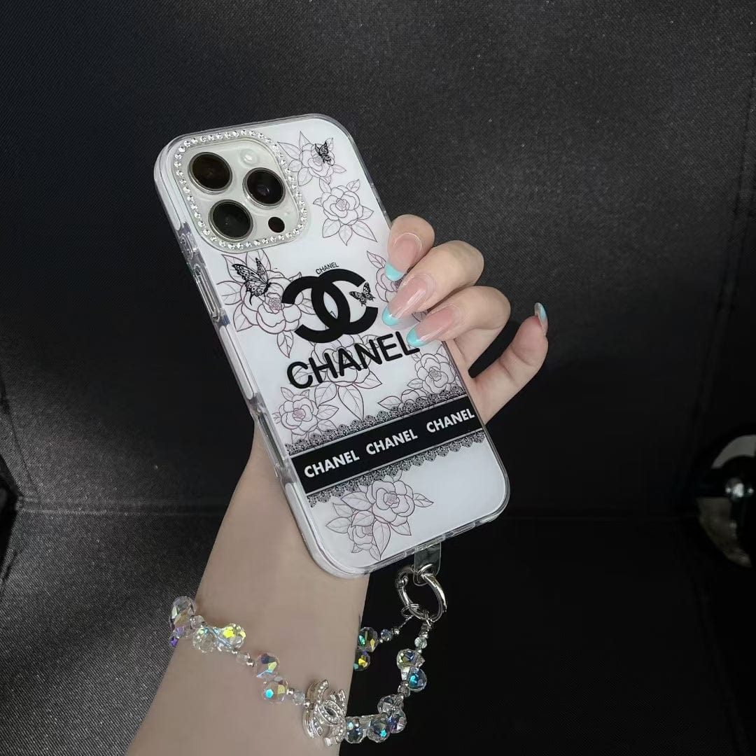 Tony Luxury Monochrome iPhone Case Set – Louis Vuitton & Chanel Inspired with Beaded Strap