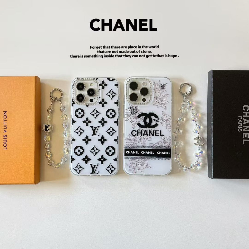 Tony Luxury Monochrome iPhone Case Set – Louis Vuitton & Chanel Inspired with Beaded Strap